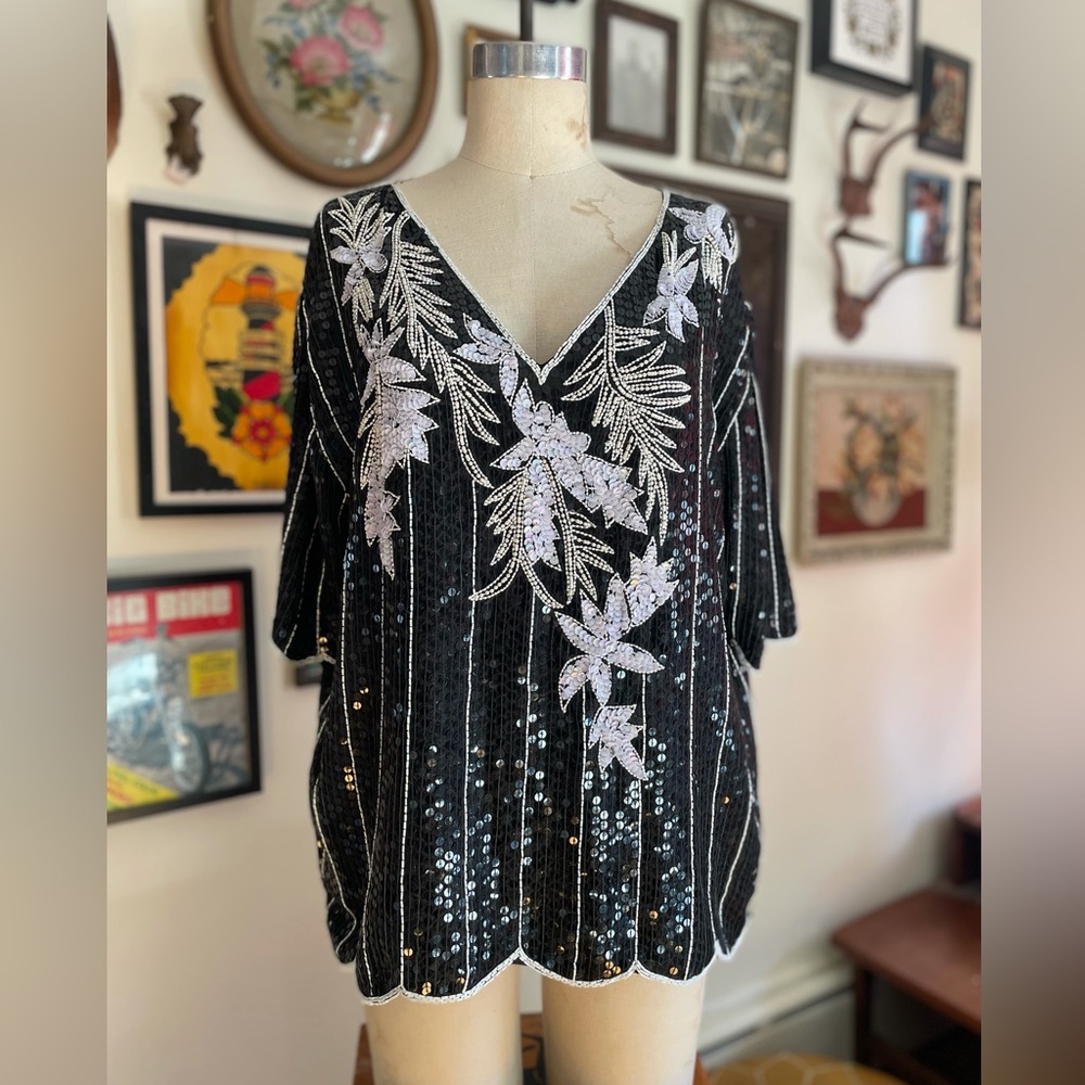 Vintage 1980 Black White Floral Sequin Silk Blouse Plus Size XL